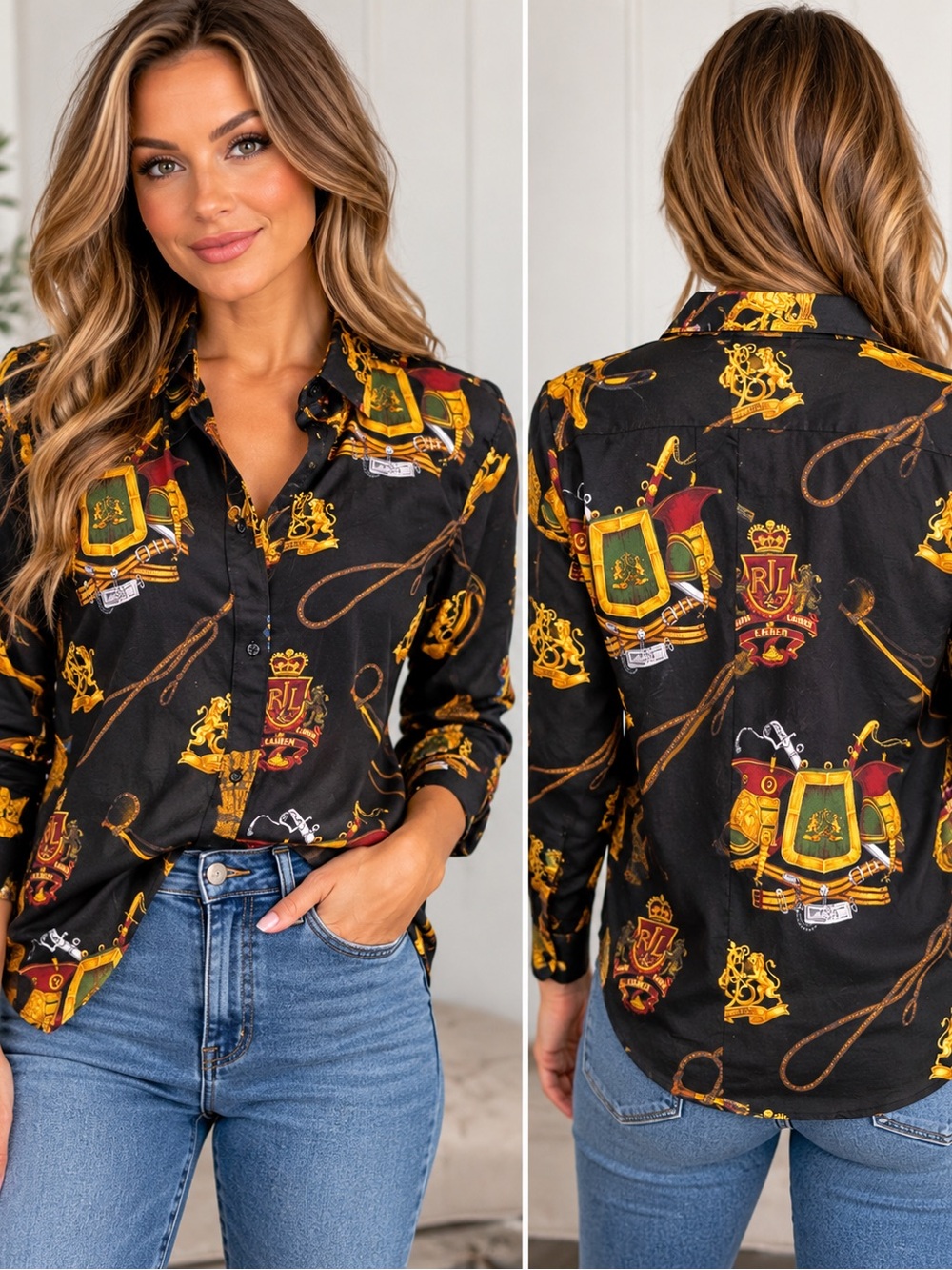 Lauren Ralph Lauren Equestrian Crest Horse Tack Novelty Print Button Down Shirt